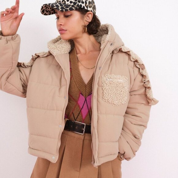 New! For Love and Lemons Tan Hooded Puffer Coat Jacket with Ruffle Trim - Picture 1 of 11